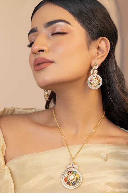 Shop Ruuh Studios Gold Plated Amira Navratna Stone Embellished Pendant Necklace Online at Aza Fashions Shop_Ruuh Studios_Gold Plated Amira Navratna Stone Embellished Pendant Necklace _Online_at_Aza_Fashions