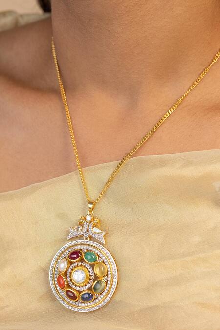 Ruuh Studios Gold Plated Amira Navratna Stone Embellished Pendant Necklace at Aza Fashions Ruuh Studios_Gold Plated Amira Navratna Stone Embellished Pendant Necklace _at_Aza_Fashions