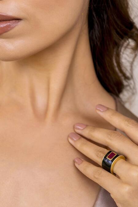 Ruuh Studios_Gold Plated Imitation Diamonds Enamelled Ring _Online_at_Aza_Fashions