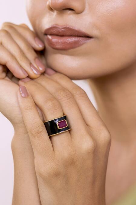 Buy_Ruuh Studios_Gold Plated Imitation Diamonds Enamelled Ring _Online_at_Aza_Fashions