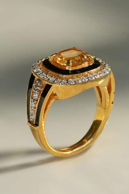 Buy_Ruuh Studios_Gold Plated Imitation Diamonds Elio Citrine Embellished Ring _Online_at_Aza_Fashions