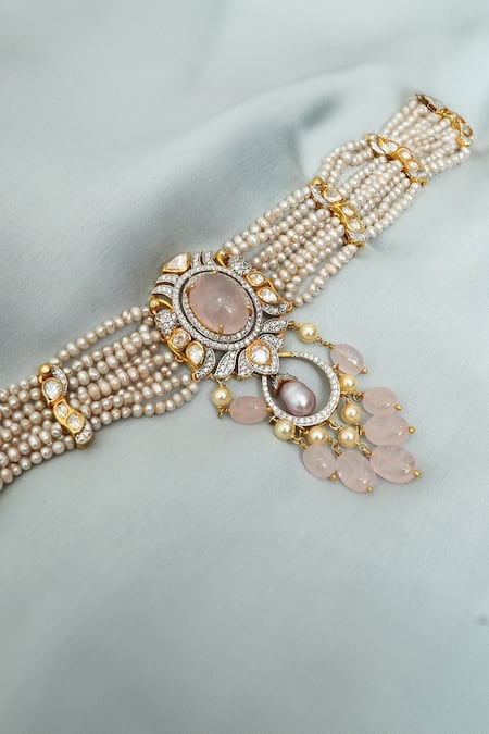 Ruuh Studios Nasrin Pearl Layered Embellished Pendant Choker Set 