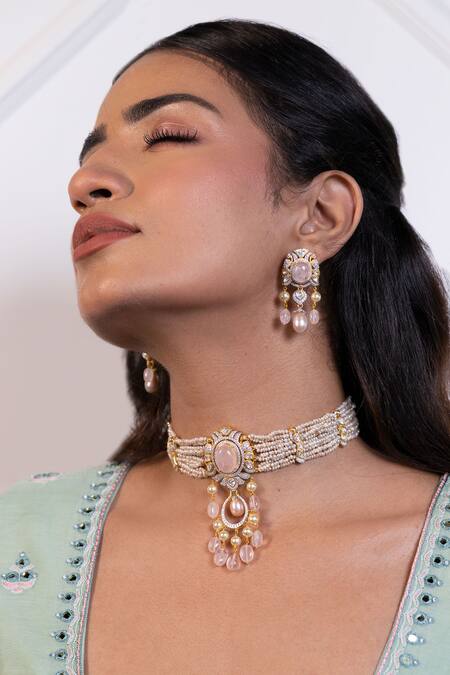 Buy Ruuh Studios Gold Plated Diamonds, Pearls Nasrin Layered Embellished Pendant Choker Set Online at Aza Fashions Buy_Ruuh Studios_Gold Plated Diamonds, Pearls Nasrin Layered Embellished Pendant Choker Set _Online_at_Aza_Fashions