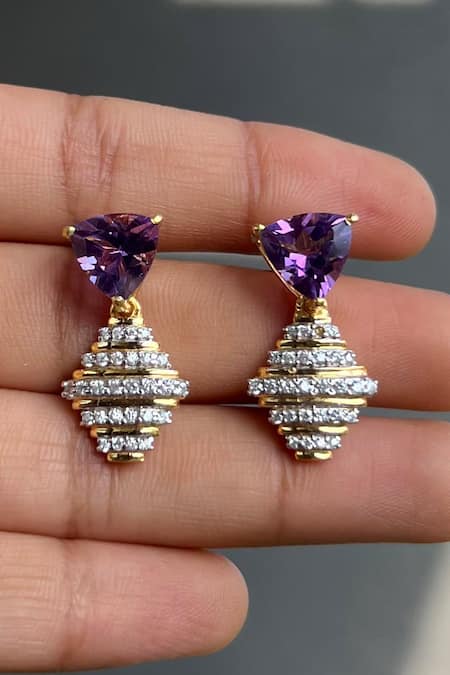 Ruuh Studios_Gold Plated Stones, Diamonds Amethyst Embellished Drop Earrings _Online_at_Aza_Fashions