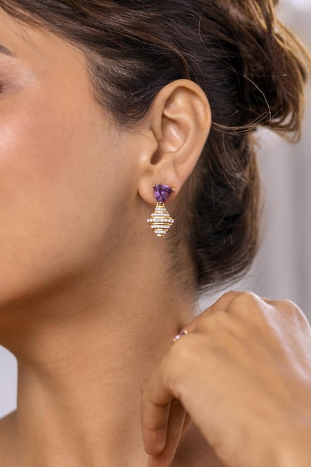 Shop_Ruuh Studios_Gold Plated Stones, Diamonds Amethyst Embellished Drop Earrings _Online_at_Aza_Fashions