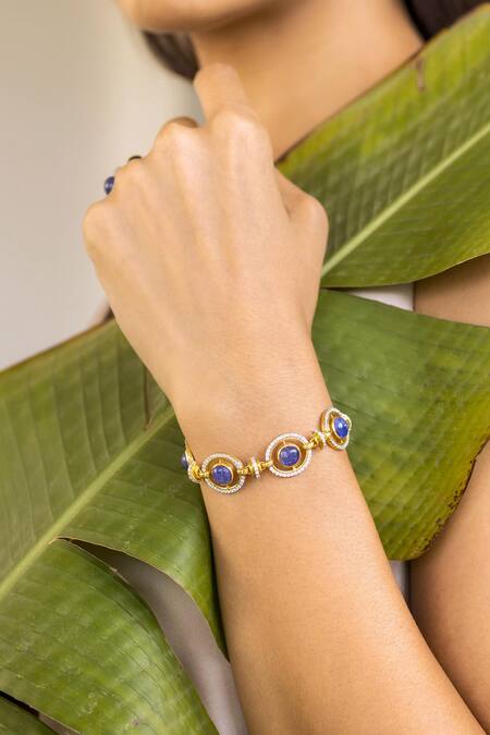 Ruuh Studios_Gold Plated Crystals Linked Circular Carved Bracelet _Online_at_Aza_Fashions