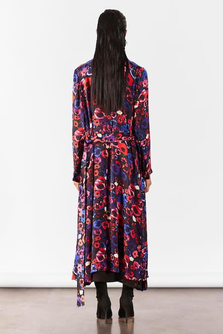 Shop Studio Rigu Black Velvet Collared Peony Print Trench Coat Set at Aza Fashions Shop_Studio Rigu_Black Velvet Collared Peony Print Trench Coat Set _at_Aza_Fashions