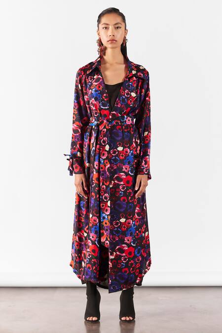 Studio Rigu Black Velvet Collared Peony Print Trench Coat Set Online at Aza Fashions Studio Rigu_Black Velvet Collared Peony Print Trench Coat Set _Online_at_Aza_Fashions