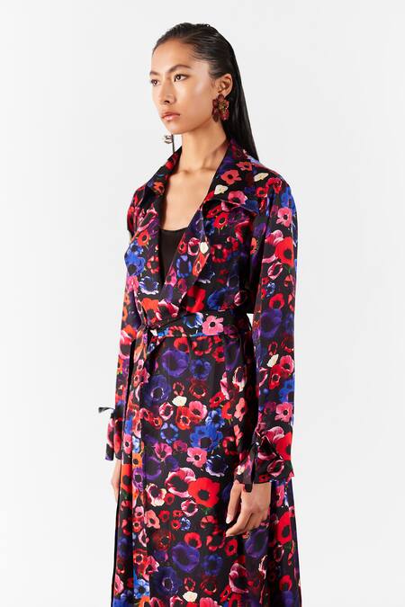 Buy Studio Rigu Black Velvet Collared Peony Print Trench Coat Set Online at Aza Fashions Buy_Studio Rigu_Black Velvet Collared Peony Print Trench Coat Set _Online_at_Aza_Fashions