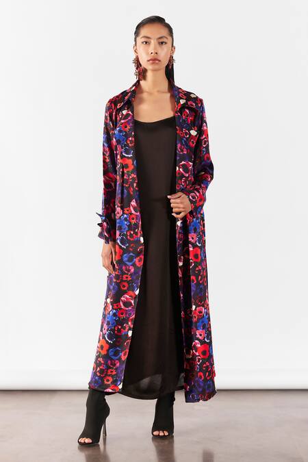 Shop Studio Rigu Black Velvet Collared Peony Print Trench Coat Set Online at Aza Fashions Shop_Studio Rigu_Black Velvet Collared Peony Print Trench Coat Set _Online_at_Aza_Fashions
