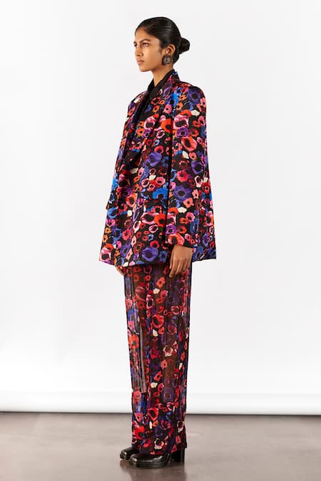 Shop Studio Rigu Black Velvet Peony Print Boxy Blazer at Aza Fashions Shop_Studio Rigu_Black Velvet Peony Print Boxy Blazer _at_Aza_Fashions