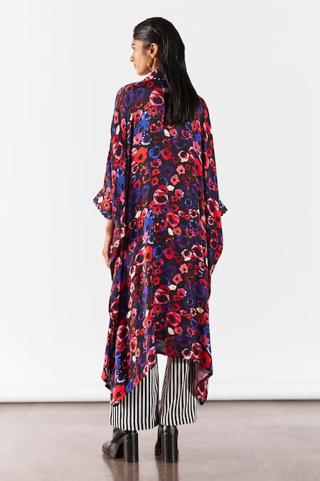 Shop Studio Rigu Black Silk Collared Peony Print Kimono Kurta With Straight Pant at Aza Fashions Shop_Studio Rigu_Black Silk Collared Peony Print Kimono Kurta With Straight Pant _at_Aza_Fashions