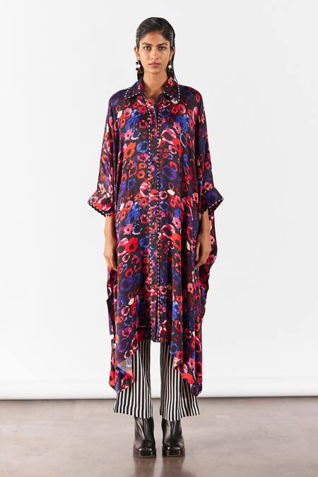 Studio Rigu Black Silk Collared Peony Print Kimono Kurta With Straight Pant Online at Aza Fashions Studio Rigu_Black Silk Collared Peony Print Kimono Kurta With Straight Pant _Online_at_Aza_Fashions