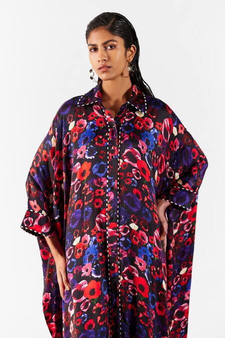 Buy Studio Rigu Black Silk Collared Peony Print Kimono Kurta With Straight Pant Online at Aza Fashions Buy_Studio Rigu_Black Silk Collared Peony Print Kimono Kurta With Straight Pant _Online_at_Aza_Fashions