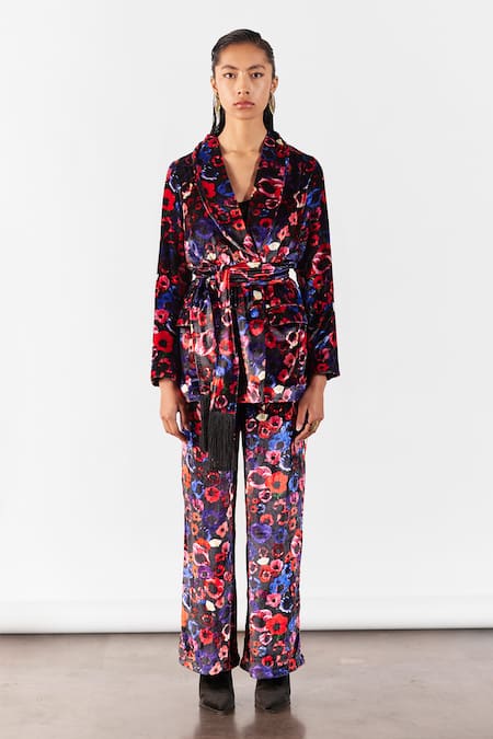 Shop Studio Rigu Black Velvet Peony Print Blazer With Pant at Aza Fashions Shop_Studio Rigu_Black Velvet Peony Print Blazer With Pant _at_Aza_Fashions