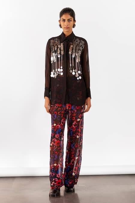 Studio Rigu Black Organza Embroidered Sequin Collar Miller Shirt 