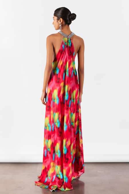 Shop Studio Rigu Multi Color Velour Beads Halter Neck Poppy Print Dress at Aza Fashions Shop_Studio Rigu_Multi Color Velour Beads Halter Neck Poppy Print Dress _at_Aza_Fashions