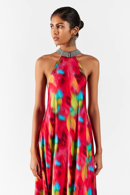 Buy Studio Rigu Multi Color Velour Beads Halter Neck Poppy Print Dress Online at Aza Fashions Buy_Studio Rigu_Multi Color Velour Beads Halter Neck Poppy Print Dress _Online_at_Aza_Fashions