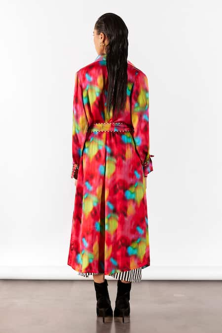 Shop Studio Rigu Multi Color Velvet Open Neck Poppy Print Trench Coat Set at Aza Fashions Shop_Studio Rigu_Multi Color Velvet Open Neck Poppy Print Trench Coat Set _at_Aza_Fashions