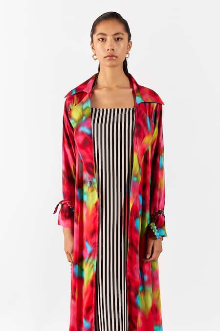 Studio Rigu Multi Color Velvet Open Neck Poppy Print Trench Coat Set Online at Aza Fashions Studio Rigu_Multi Color Velvet Open Neck Poppy Print Trench Coat Set _Online_at_Aza_Fashions