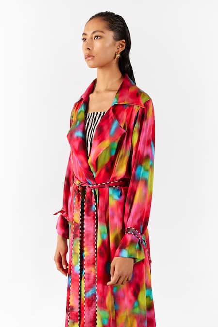 Shop Studio Rigu Multi Color Velvet Open Neck Poppy Print Trench Coat Set Online at Aza Fashions Shop_Studio Rigu_Multi Color Velvet Open Neck Poppy Print Trench Coat Set _Online_at_Aza_Fashions