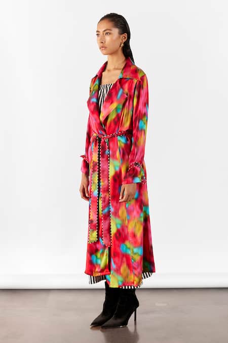 Studio Rigu Multi Color Velvet Open Neck Poppy Print Trench Coat Set at Aza Fashions Studio Rigu_Multi Color Velvet Open Neck Poppy Print Trench Coat Set _at_Aza_Fashions