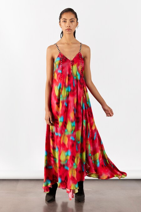 Studio Rigu Multi Color Vegan Silk Print Poppy V- Neck Strappy Dress