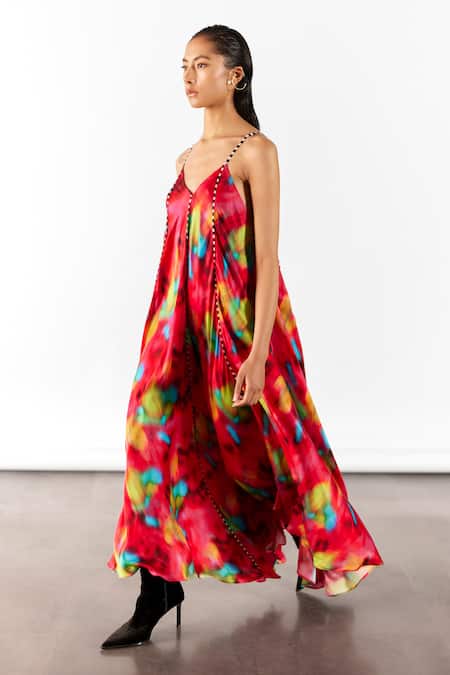 Shop Studio Rigu Multi Color Velour V-neck Poppy Print Strappy Dress at Aza Fashions Shop_Studio Rigu_Multi Color Velour V-neck Poppy Print Strappy Dress _at_Aza_Fashions