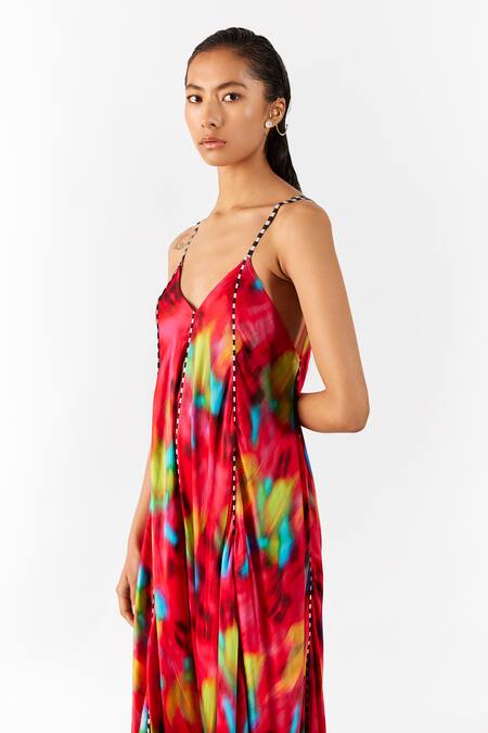 Studio Rigu Multi Color Velour V-neck Poppy Print Strappy Dress Online at Aza Fashions Studio Rigu_Multi Color Velour V-neck Poppy Print Strappy Dress _Online_at_Aza_Fashions