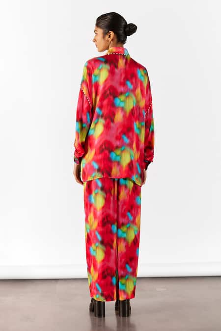 Shop Studio Rigu Multi Color Velvet Collared Poppy Print Knot Shirt With Trouser at Aza Fashions Shop_Studio Rigu_Multi Color Velvet Collared Poppy Print Knot Shirt With Trouser _at_Aza_Fashions