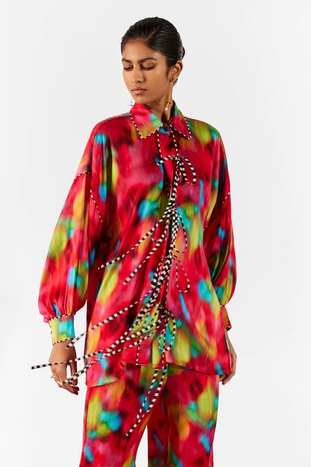 Buy Studio Rigu Multi Color Velvet Collared Poppy Print Knot Shirt With Trouser Online at Aza Fashions Buy_Studio Rigu_Multi Color Velvet Collared Poppy Print Knot Shirt With Trouser _Online_at_Aza_Fashions