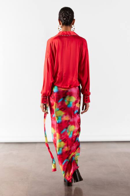 Shop Studio Rigu Multi Color Velvet Collared Poppy Print Draped Shirt Dress at Aza Fashions Shop_Studio Rigu_Multi Color Velvet Collared Poppy Print Draped Shirt Dress _at_Aza_Fashions
