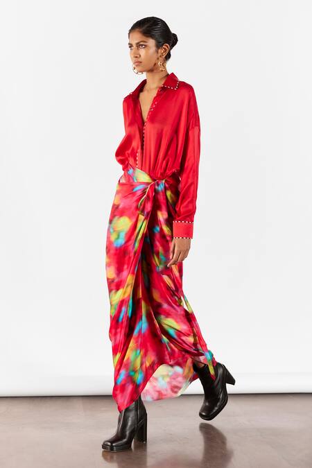 Studio Rigu Multi Color Velvet Collared Poppy Print Draped Shirt Dress Online at Aza Fashions Studio Rigu_Multi Color Velvet Collared Poppy Print Draped Shirt Dress _Online_at_Aza_Fashions