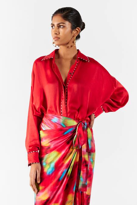 Buy Studio Rigu Multi Color Velvet Collared Poppy Print Draped Shirt Dress Online at Aza Fashions Buy_Studio Rigu_Multi Color Velvet Collared Poppy Print Draped Shirt Dress _Online_at_Aza_Fashions
