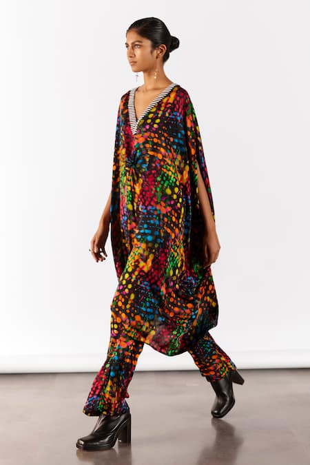 Studio Rigu Black Velour Beads V-neck Wildflower Print Kimono With Pant at Aza Fashions Studio Rigu_Black Velour Beads V-neck Wildflower Print Kimono With Pant _at_Aza_Fashions