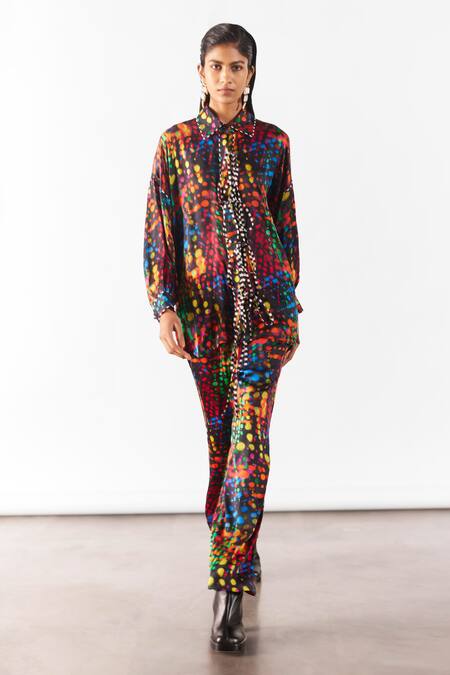 Studio Rigu_Black Viscose Collared Wildflower Print Knot Shirt With Pant _Online_at_Aza_Fashions