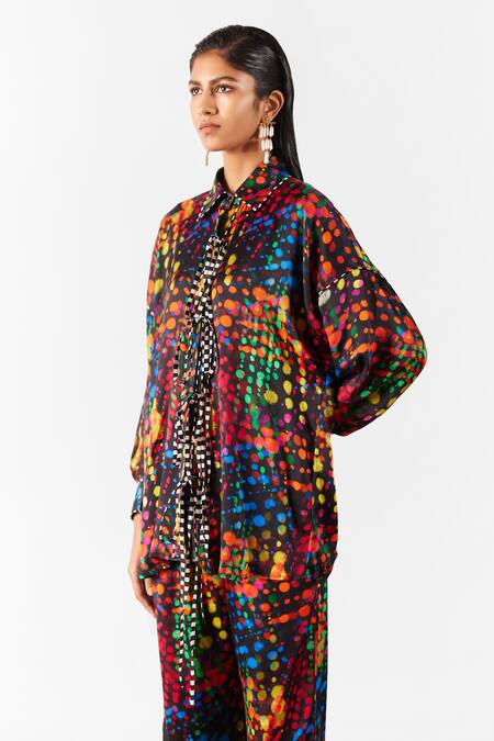 Shop_Studio Rigu_Black Viscose Collared Wildflower Print Knot Shirt With Pant _Online_at_Aza_Fashions