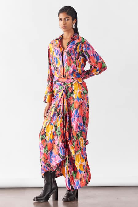 Shop Studio Rigu Multi Color Velvet Collared Petunia Print Shirt With Draped Skirt at Aza Fashions Shop_Studio Rigu_Multi Color Velvet Collared Petunia Print Shirt With Draped Skirt _at_Aza_Fashions