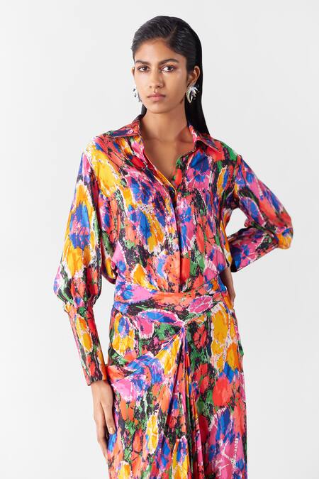 Studio Rigu Multi Color Velvet Collared Petunia Print Shirt With Draped Skirt Online at Aza Fashions Studio Rigu_Multi Color Velvet Collared Petunia Print Shirt With Draped Skirt _Online_at_Aza_Fashions