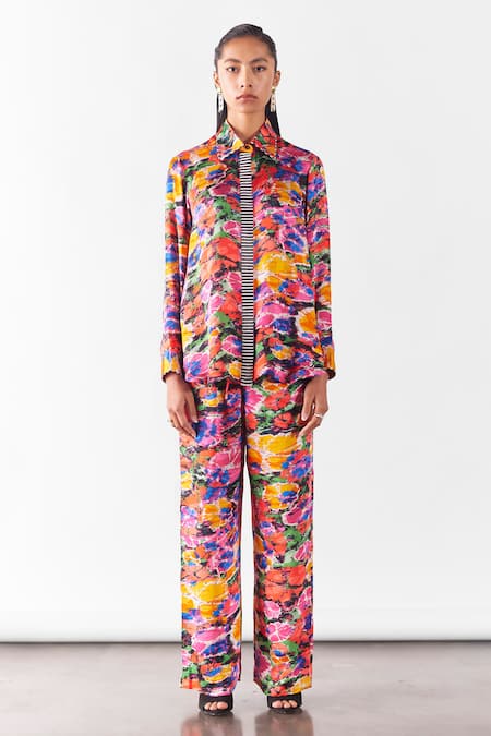 Shop Studio Rigu Multi Color Velvet, Silk Beads Collared Petunia Print Shirt With Straight Pant at Aza Fashions Shop_Studio Rigu_Multi Color Velvet, Silk Beads Collared Petunia Print Shirt With Straight Pant _at_Aza_Fashions
