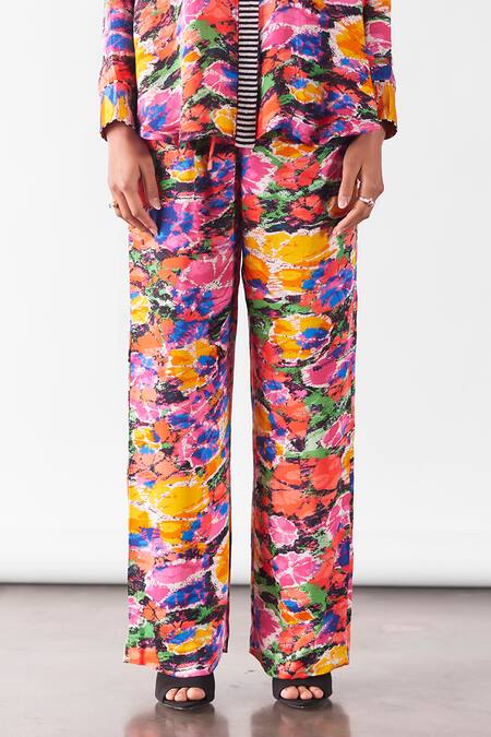 Studio Rigu Multi Color Velvet, Silk Beads Collared Petunia Print Shirt With Straight Pant Online at Aza Fashions Studio Rigu_Multi Color Velvet, Silk Beads Collared Petunia Print Shirt With Straight Pant _Online_at_Aza_Fashions