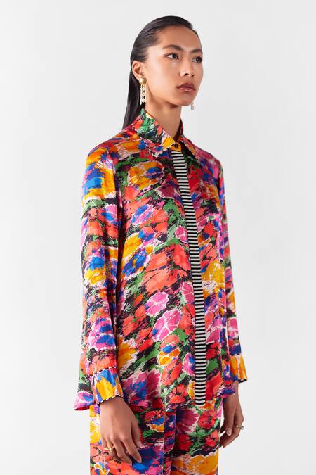 Buy Studio Rigu Multi Color Velvet, Silk Beads Collared Petunia Print Shirt With Straight Pant Online at Aza Fashions Buy_Studio Rigu_Multi Color Velvet, Silk Beads Collared Petunia Print Shirt With Straight Pant _Online_at_Aza_Fashions