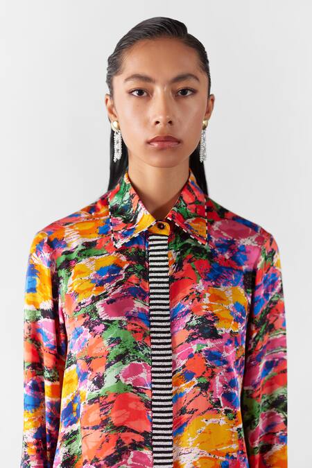 Shop Studio Rigu Multi Color Velvet, Silk Beads Collared Petunia Print Shirt With Straight Pant Online at Aza Fashions Shop_Studio Rigu_Multi Color Velvet, Silk Beads Collared Petunia Print Shirt With Straight Pant _Online_at_Aza_Fashions