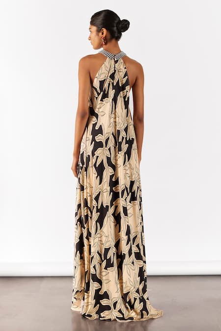 Shop_Studio Rigu_Black Silk Beads Halter Neck Vegan Hazel Print Maxi Dress _at_Aza_Fashions
