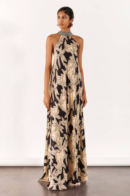Studio Rigu_Black Silk Beads Halter Neck Vegan Hazel Print Maxi Dress _Online_at_Aza_Fashions
