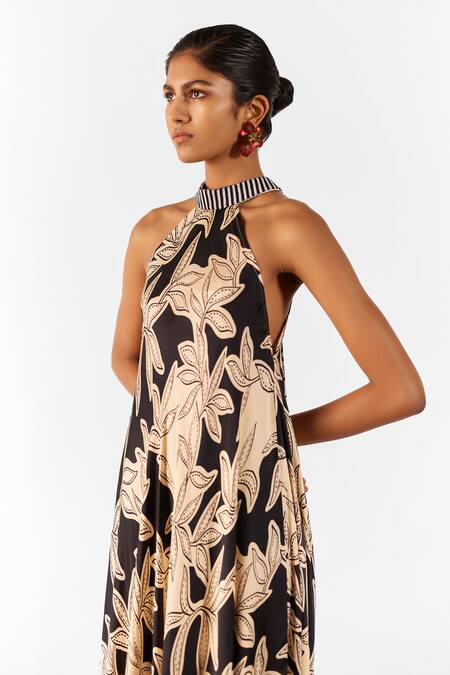 Buy_Studio Rigu_Black Silk Beads Halter Neck Vegan Hazel Print Maxi Dress _Online_at_Aza_Fashions
