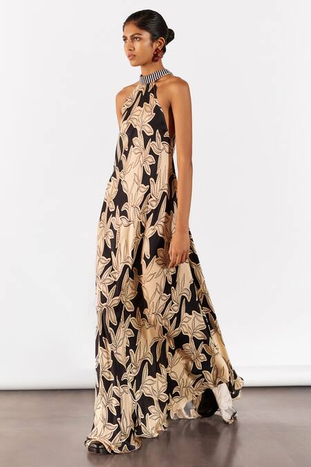 Shop_Studio Rigu_Black Silk Beads Halter Neck Vegan Hazel Print Maxi Dress _Online_at_Aza_Fashions