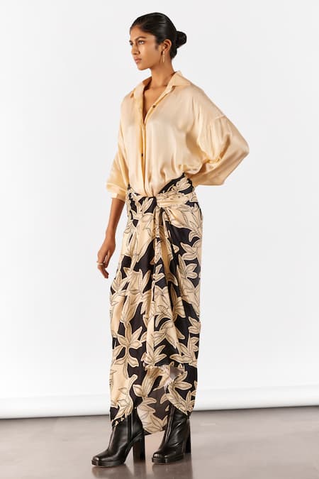 Shop Studio Rigu Black Velvet Collared Vegan Silk Hazel Print Draped Maxi Shirt Dress at Aza Fashions Shop_Studio Rigu_Black Velvet Collared Vegan Silk Hazel Print Draped Maxi Shirt Dress _at_Aza_Fashions