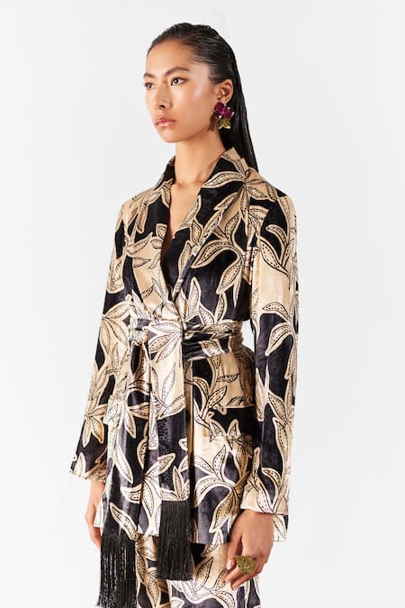 Buy Studio Rigu Black Velvet Fringe Hazel Print Blazer With Pant Online at Aza Fashions Buy_Studio Rigu_Black Velvet Fringe Hazel Print Blazer With Pant _Online_at_Aza_Fashions