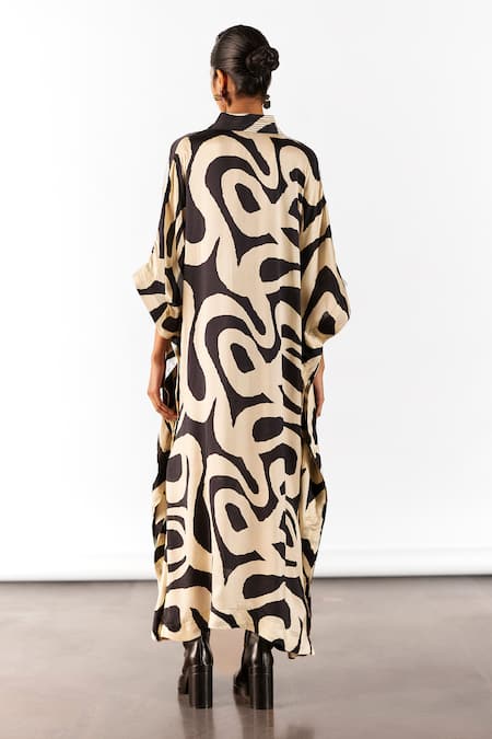 Shop Studio Rigu Black Velvet Beads V-neck Vegan Silk Chestnut Print Kaftan at Aza Fashions Shop_Studio Rigu_Black Velvet Beads V-neck Vegan Silk Chestnut Print Kaftan _at_Aza_Fashions